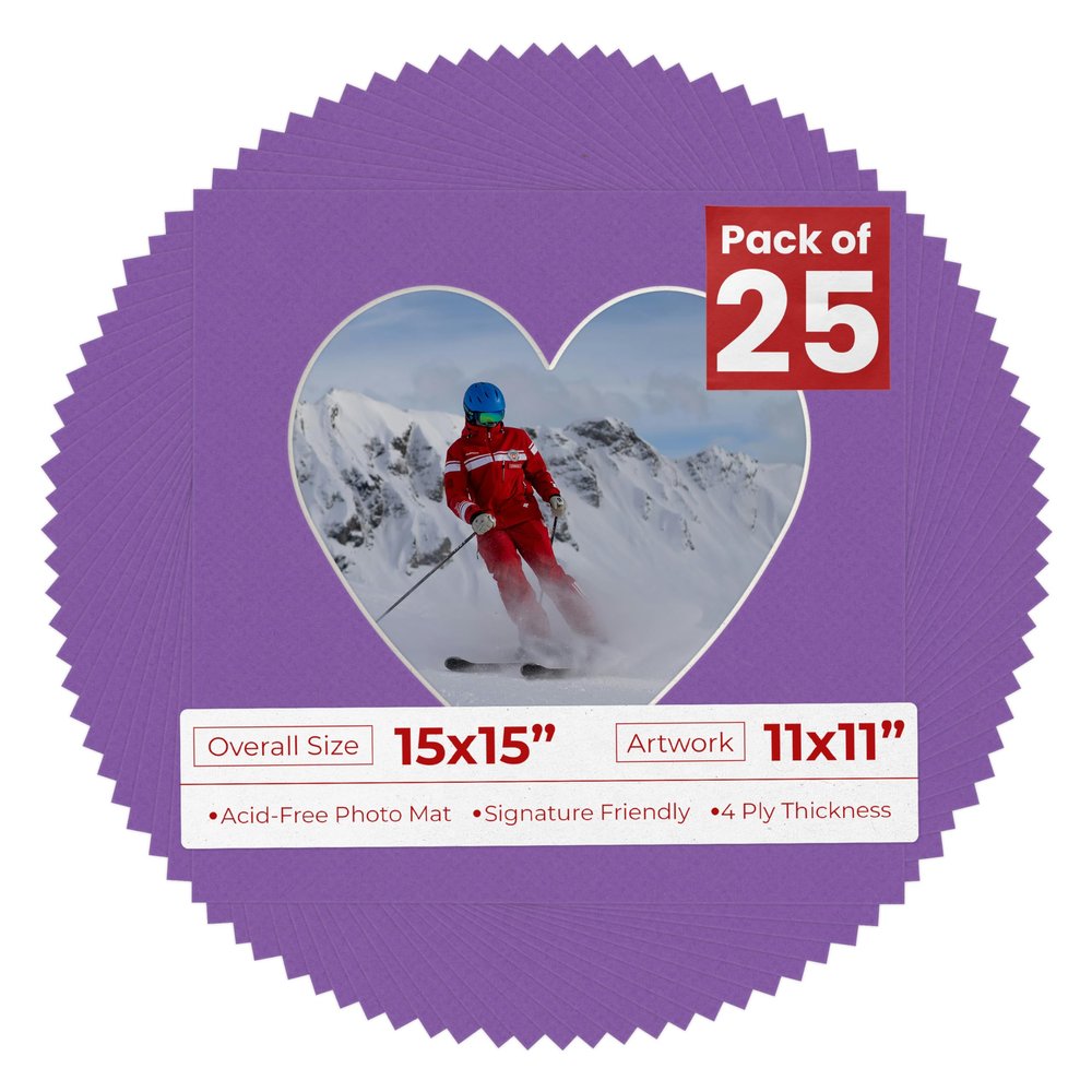 Poster Palooza 15x15 Mat Bevel Cut for 11x11 Photos - Precut Purple Heart Shaped Photo Mat Board Opening - Acid Free Matte to Protect Your Pictures - Bevel Cut for Family Photos, Pack of 25 Matboards