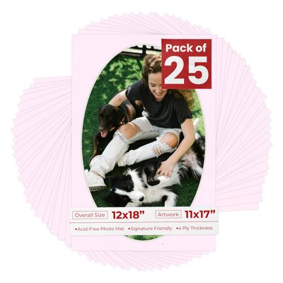 12x18 Mat Bevel Cut for 11x17 Photos - Precut Soft Pink Oval Shaped Photo Mat Board Opening - Acid Free Matte to Protect Your Pictures - Bevel Cut for Family Photos, Pack of 25 Matboards