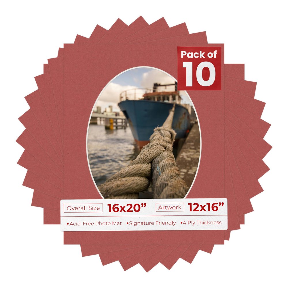 16x20 Mat Bevel Cut for 12x16 Photos - Precut Brick Red Oval Shaped Photo Mat Board Opening - Acid Free Matte to Protect Your Pictures - Bevel Cut for Family Photos, Pack of 10 Matboards