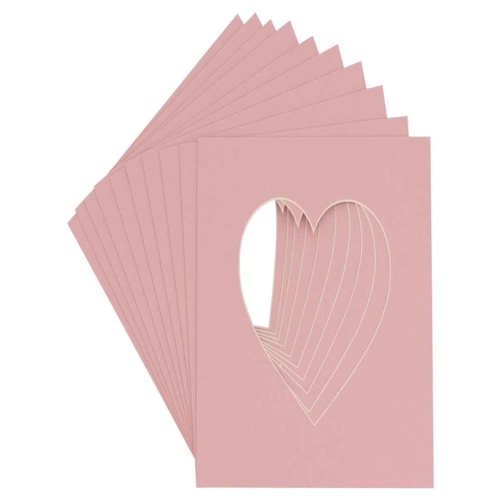 6x6 Mat Bevel Cut for 3x3 Photos - Precut Pink Heart Shaped Photo Mat Board Opening - Acid Free Matte to Protect Your Pictures - Bevel Cut for Family Photos, Pack of 10 Matboards