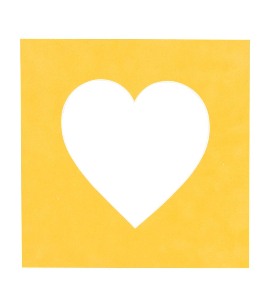 26x26 Mat Bevel Cut for 21x21 Photos - Precut Bright Yellow Heart Shaped Photo Mat Board Opening - Acid Free Matte to Protect Your Pictures - Bevel Cut for Family Photos, Pack of 1 Matboard