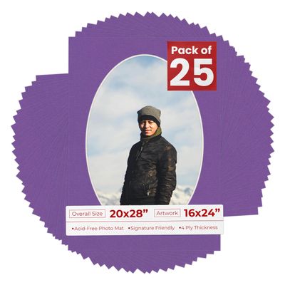 20x28 Mat Bevel Cut for 16x24 Photos - Precut Dark Purple Oval Shaped Photo Mat Board Opening - Acid Free Matte to Protect Your Pictures - Bevel Cut for Family Photos, Pack of 25 Matboards