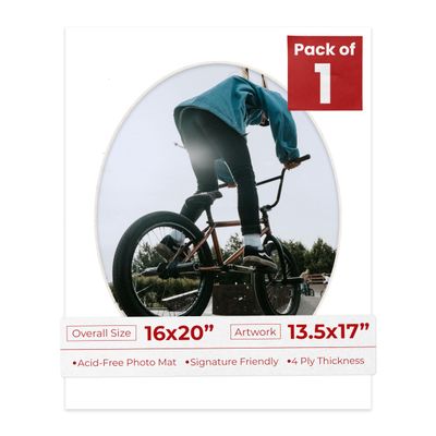 Poster Palooza 16x20 Mat Bevel Cut for 13.5x17 Photos - Precut White Oval Shaped Photo Mat Board Opening - Acid Free Matte to Protect Your Pictures - Bevel Cut for Family Photos, Pack of 1 Matboard