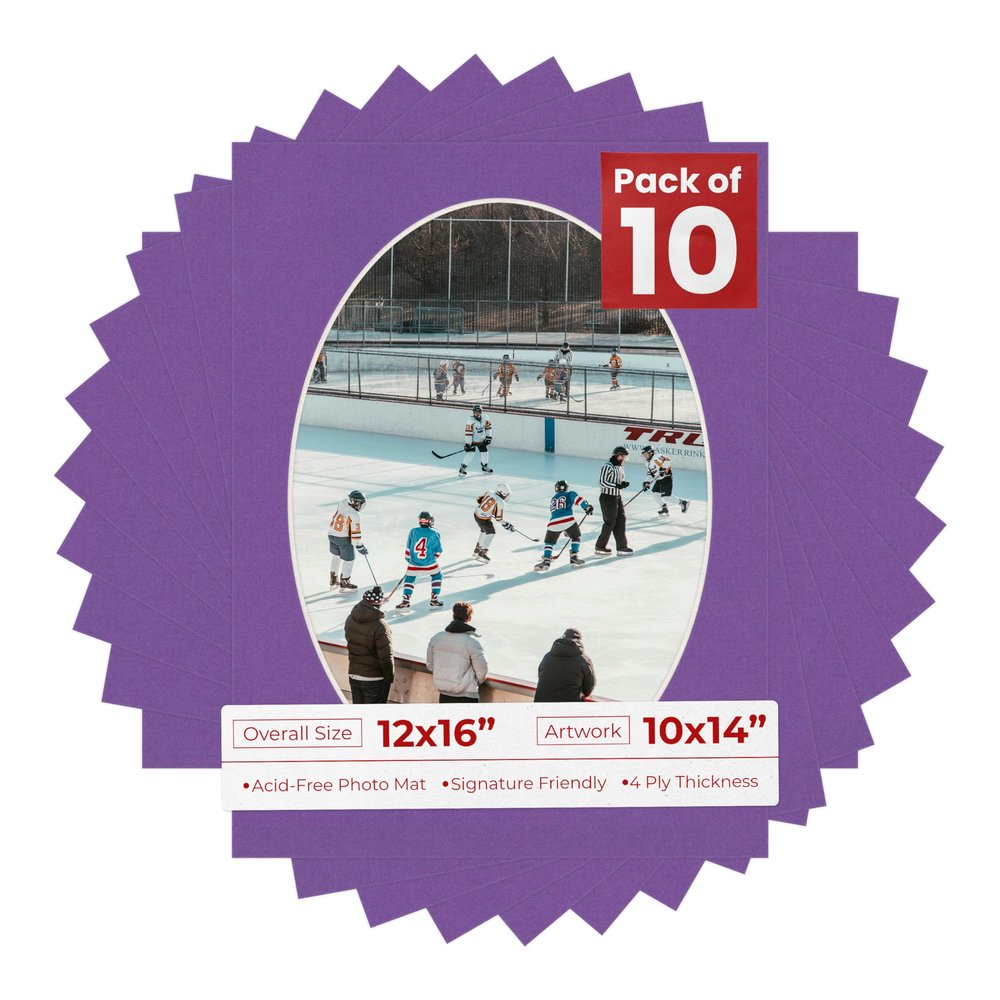 12x16 Mat Bevel Cut for 10x14 Photos - Precut Dark Purple Oval Shaped Photo Mat Board Opening - Acid Free Matte to Protect Your Pictures - Bevel Cut for Family Photos, Pack of 10 Matboards