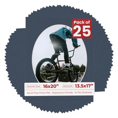 16x20 Mat Bevel Cut for 13.5x17 Photos - Precut Navy Blue Oval Shaped Photo Mat Board Opening - Acid Free Matte to Protect Your Pictures - Bevel Cut for Family Photos, Pack of 25 Matboards