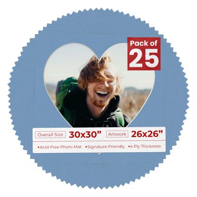 30x30 Mat Bevel Cut for 26x26 Photos - Precut Brittany Blue Heart Shaped Photo Mat Board Opening - Acid Free Matte to Protect Your Pictures - Bevel Cut for Family Photos, Pack of 25 Matboards