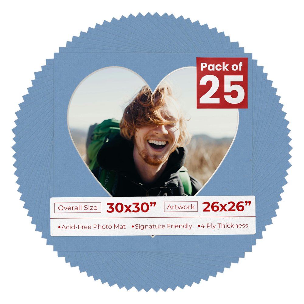 30x30 Mat Bevel Cut for 26x26 Photos - Precut Brittany Blue Heart Shaped Photo Mat Board Opening - Acid Free Matte to Protect Your Pictures - Bevel Cut for Family Photos, Pack of 25 Matboards