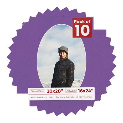 20x28 Mat Bevel Cut for 16x24 Photos - Precut Dark Purple Oval Shaped Photo Mat Board Opening - Acid Free Matte to Protect Your Pictures - Bevel Cut for Family Photos, Pack of 10 Matboards