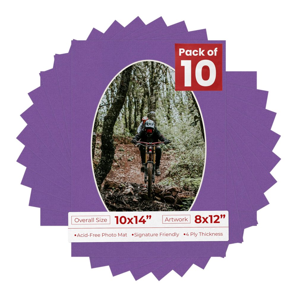 10x14 Mat Bevel Cut for 8x12 Photos - Precut Dark Purple Oval Shaped Photo Mat Board Opening - Acid Free Matte to Protect Your Pictures - Bevel Cut for Family Photos, Pack of 10 Matboards