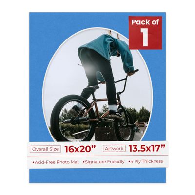 16x20 Mat Bevel Cut for 13.5x17 Photos - Precut Bay Blue Oval Shaped Photo Mat Board Opening - Acid Free Matte to Protect Your Pictures - Bevel Cut for Family Photos, Pack of 1 Matboard