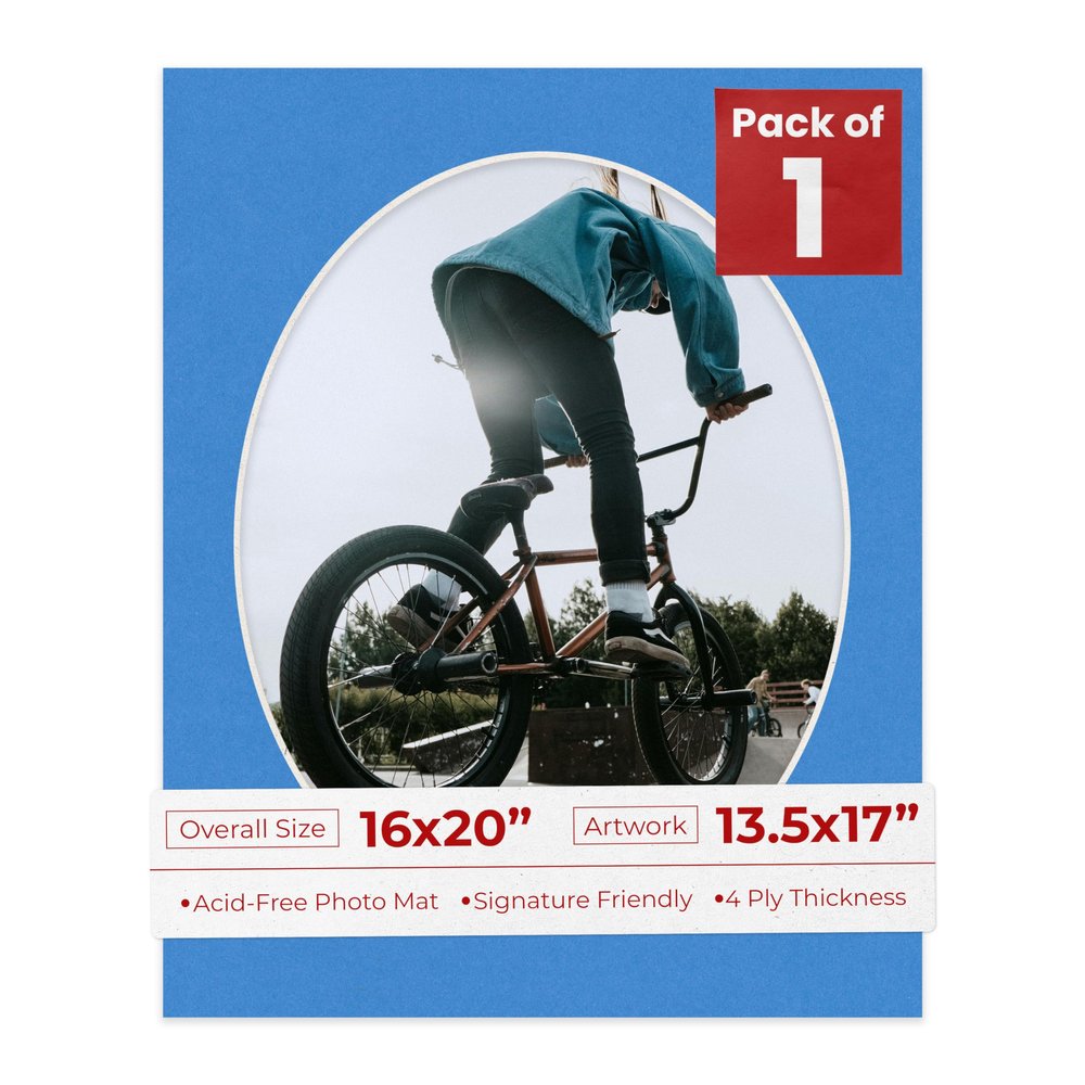 16x20 Mat Bevel Cut for 13.5x17 Photos - Precut Bay Blue Oval Shaped Photo Mat Board Opening - Acid Free Matte to Protect Your Pictures - Bevel Cut for Family Photos, Pack of 1 Matboard