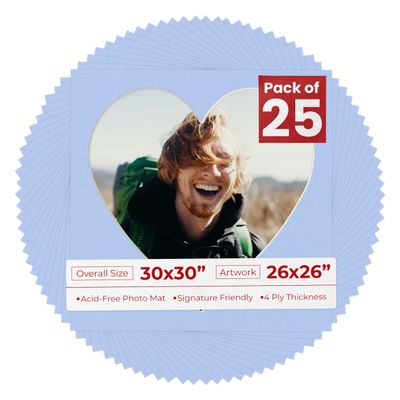 30x30 Mat Bevel Cut for 26x26 Photos - Precut Baby Blue Heart Shaped Photo Mat Board Opening - Acid Free Matte to Protect Your Pictures - Bevel Cut for Family Photos, Pack of 25 Matboards