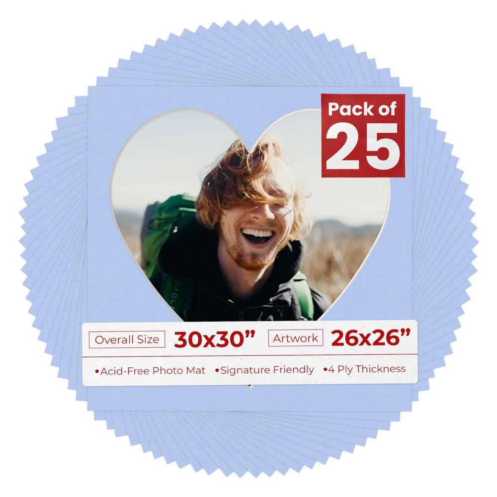 30x30 Mat Bevel Cut for 26x26 Photos - Precut Baby Blue Heart Shaped Photo Mat Board Opening - Acid Free Matte to Protect Your Pictures - Bevel Cut for Family Photos, Pack of 25 Matboards