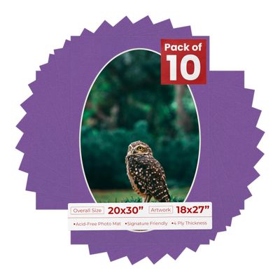 20x30 Mat Bevel Cut for 18x27 Photos - Precut Dark Purple Oval Shaped Photo Mat Board Opening - Acid Free Matte to Protect Your Pictures - Bevel Cut for Family Photos, Pack of 10 Matboards