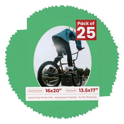 16x20 Mat Bevel Cut for 13.5x17 Photos - Precut Bright Green Oval Shaped Photo Mat Board Opening - Acid Free Matte to Protect Your Pictures - Bevel Cut for Family Photos, Pack of 25 Matboards