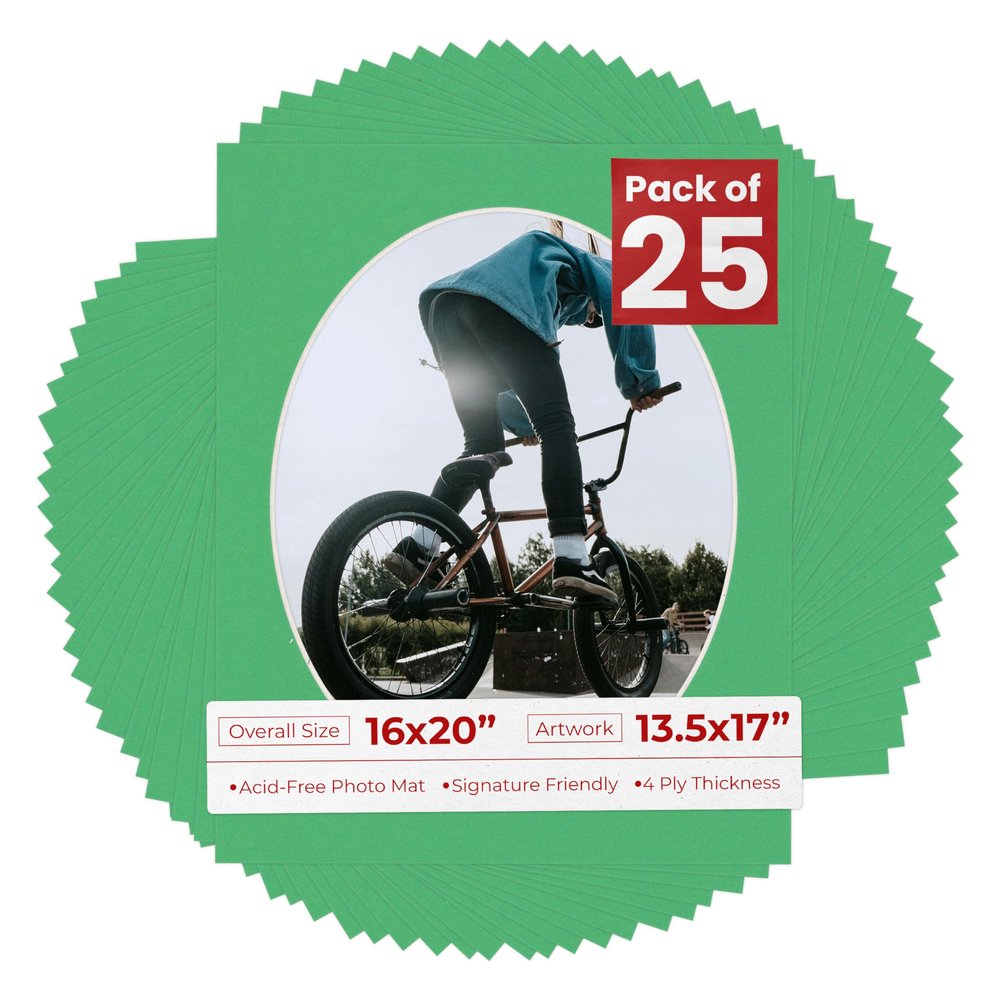 16x20 Mat Bevel Cut for 13.5x17 Photos - Precut Bright Green Oval Shaped Photo Mat Board Opening - Acid Free Matte to Protect Your Pictures - Bevel Cut for Family Photos, Pack of 25 Matboards