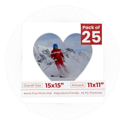 15x15 Mat Bevel Cut for 11x11 Photos - Precut White Heart Shaped Photo Mat Board Opening - Acid Free Matte to Protect Your Pictures - Bevel Cut for Family Photos, Pack of 25 Matboards