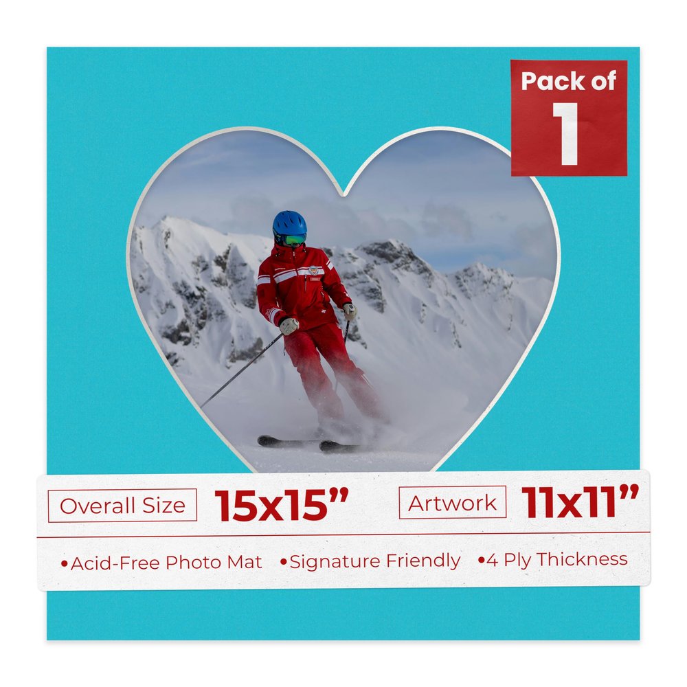 15x15 Mat Bevel Cut for 11x11 Photos - Precut Aquamarine Blue Heart Shaped Photo Mat Board Opening - Acid Free Matte to Protect Your Pictures - Bevel Cut for Family Photos, Pack of 1 Matboard