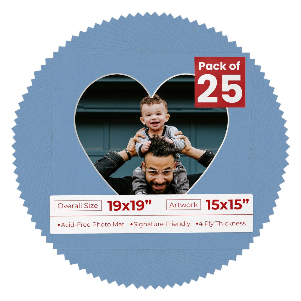 19x19 Mat Bevel Cut for 15x15 Photos - Precut Brittany Blue Heart Shaped Photo Mat Board Opening - Acid Free Matte to Protect Your Pictures - Bevel Cut for Family Photos, Pack of 25 Matboards