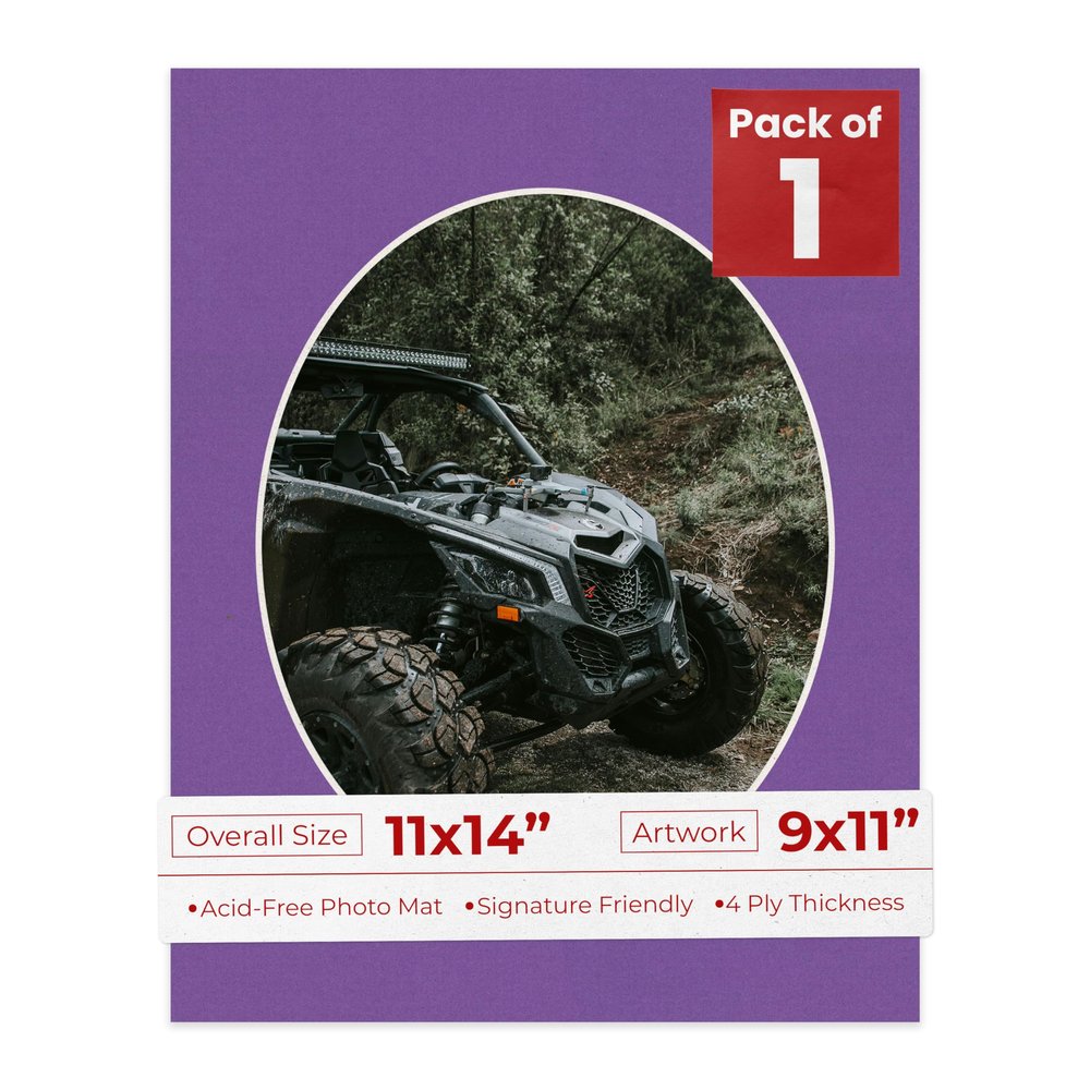 11x14 Mat Bevel Cut for 9x11 Photos - Precut Dark Purple Oval Shaped Photo Mat Board Opening - Acid Free Matte to Protect Your Pictures - Bevel Cut for Family Photos, Pack of 1 Matboard