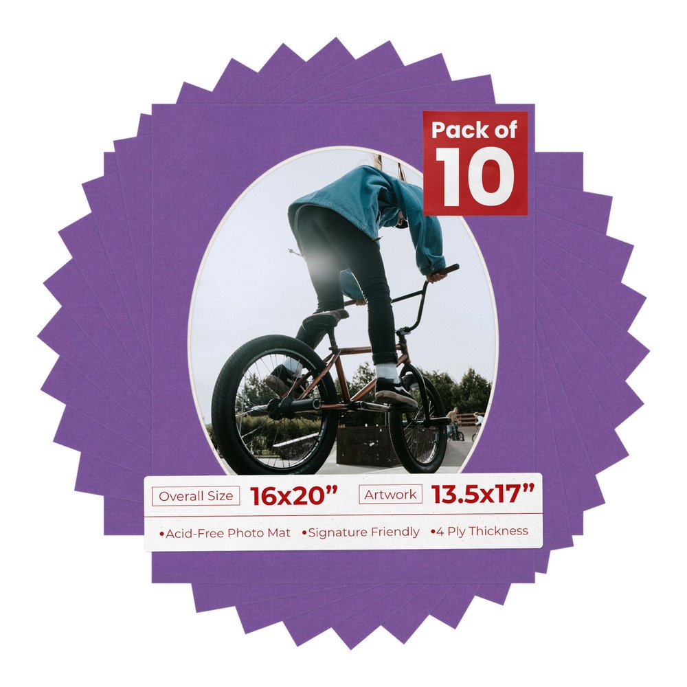 16x20 Mat Bevel Cut for 13.5x17 Photos - Precut Dark Purple Oval Shaped Photo Mat Board Opening - Acid Free Matte to Protect Your Pictures - Bevel Cut for Family Photos, Pack of 10 Matboards