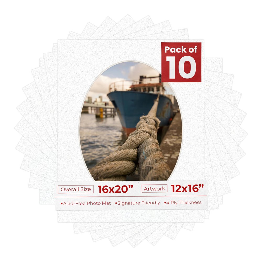 16x20 Mat Bevel Cut for 12x16 Photos - Precut Oyster Shell White Oval Shaped Photo Mat Board Opening - Acid Free Matte to Protect Your Pictures - Bevel Cut for Family Photos, Pack of 10 Matboards
