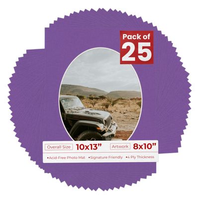 10x13 Mat Bevel Cut for 8x10 Photos - Precut Dark Purple Oval Shaped Photo Mat Board Opening - Acid Free Matte to Protect Your Pictures - Bevel Cut for Family Photos, Pack of 25 Matboards