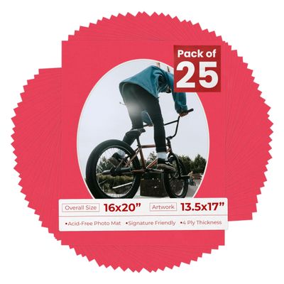 16x20 Mat Bevel Cut for 13.5x17 Photos - Precut Cardinal Red Oval Shaped Photo Mat Board Opening - Acid Free Matte to Protect Your Pictures - Bevel Cut for Family Photos, Pack of 25 Matboards