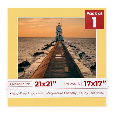 21x21 Mat Bevel Cut for 17x17 Photos - Precut Chamois Yellow Square Shaped Photo Mat Board Opening - Acid Free Matte to Protect Your Pictures - Bevel Cut for Family Photos, Pack of 1 Matboard