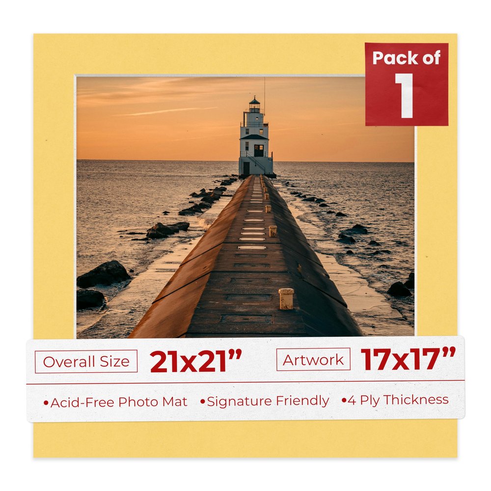 21x21 Mat Bevel Cut for 17x17 Photos - Precut Chamois Yellow Square Shaped Photo Mat Board Opening - Acid Free Matte to Protect Your Pictures - Bevel Cut for Family Photos, Pack of 1 Matboard