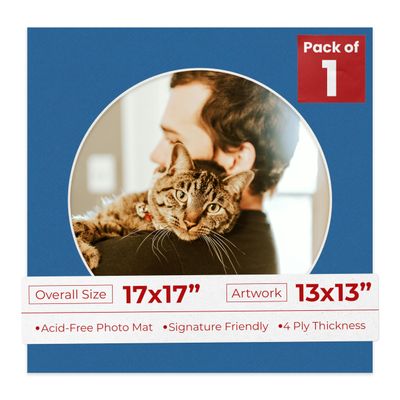 17x17 Mat Bevel Cut for 13x13 Photos - Precut Royal Blue Circle Shaped Photo Mat Board Opening - Acid Free Matte to Protect Your Pictures - Bevel Cut for Family Photos, Pack of 1 Matboard
