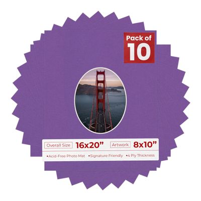 16x20 Mat Bevel Cut for 8x10 Photos - Precut Dark Purple Oval Shaped Photo Mat Board Opening - Acid Free Matte to Protect Your Pictures - Bevel Cut for Family Photos, Pack of 10 Matboards