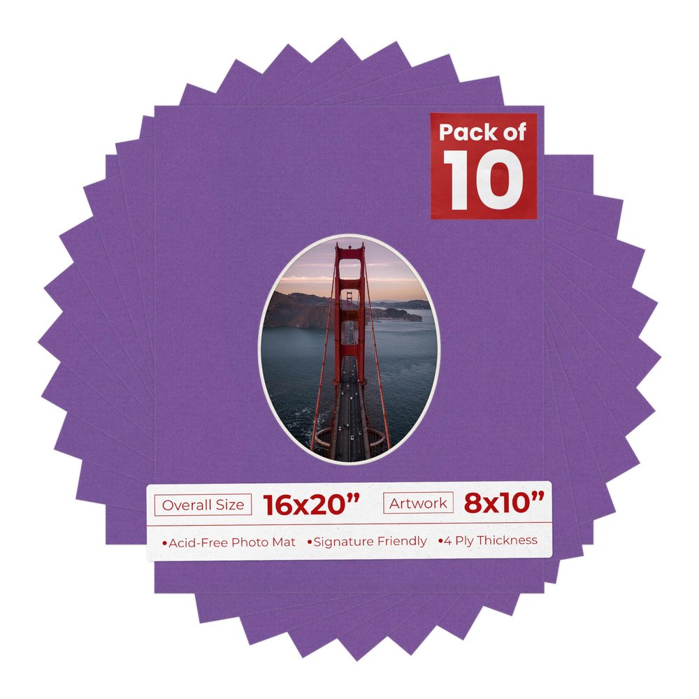 16x20 Mat Bevel Cut for 8x10 Photos - Precut Dark Purple Oval Shaped Photo Mat Board Opening - Acid Free Matte to Protect Your Pictures - Bevel Cut for Family Photos, Pack of 10 Matboards