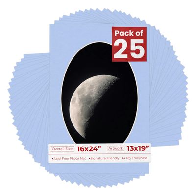 16x24 Mat Bevel Cut for 13x19 Photos - Precut Baby Blue Oval Shaped Photo Mat Board Opening - Acid Free Matte to Protect Your Pictures - Bevel Cut for Family Photos, Pack of 25 Matboards