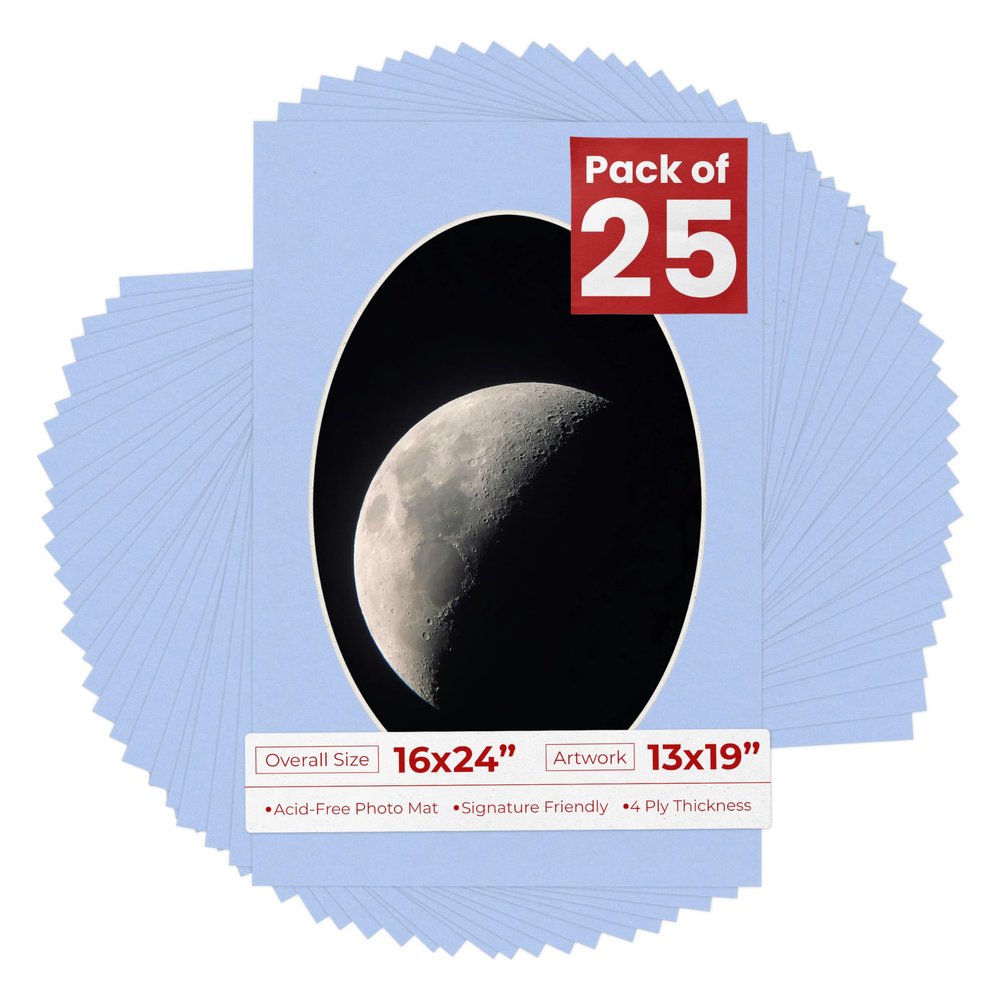 16x24 Mat Bevel Cut for 13x19 Photos - Precut Baby Blue Oval Shaped Photo Mat Board Opening - Acid Free Matte to Protect Your Pictures - Bevel Cut for Family Photos, Pack of 25 Matboards