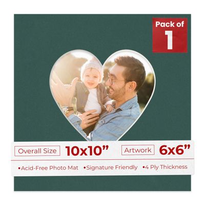 10x10 Mat Bevel Cut for 6x6 Photos - Precut Forest Green Heart Shaped Photo Mat Board Opening - Acid Free Matte to Protect Your Pictures - Bevel Cut for Family Photos, Pack of 1 Matboard