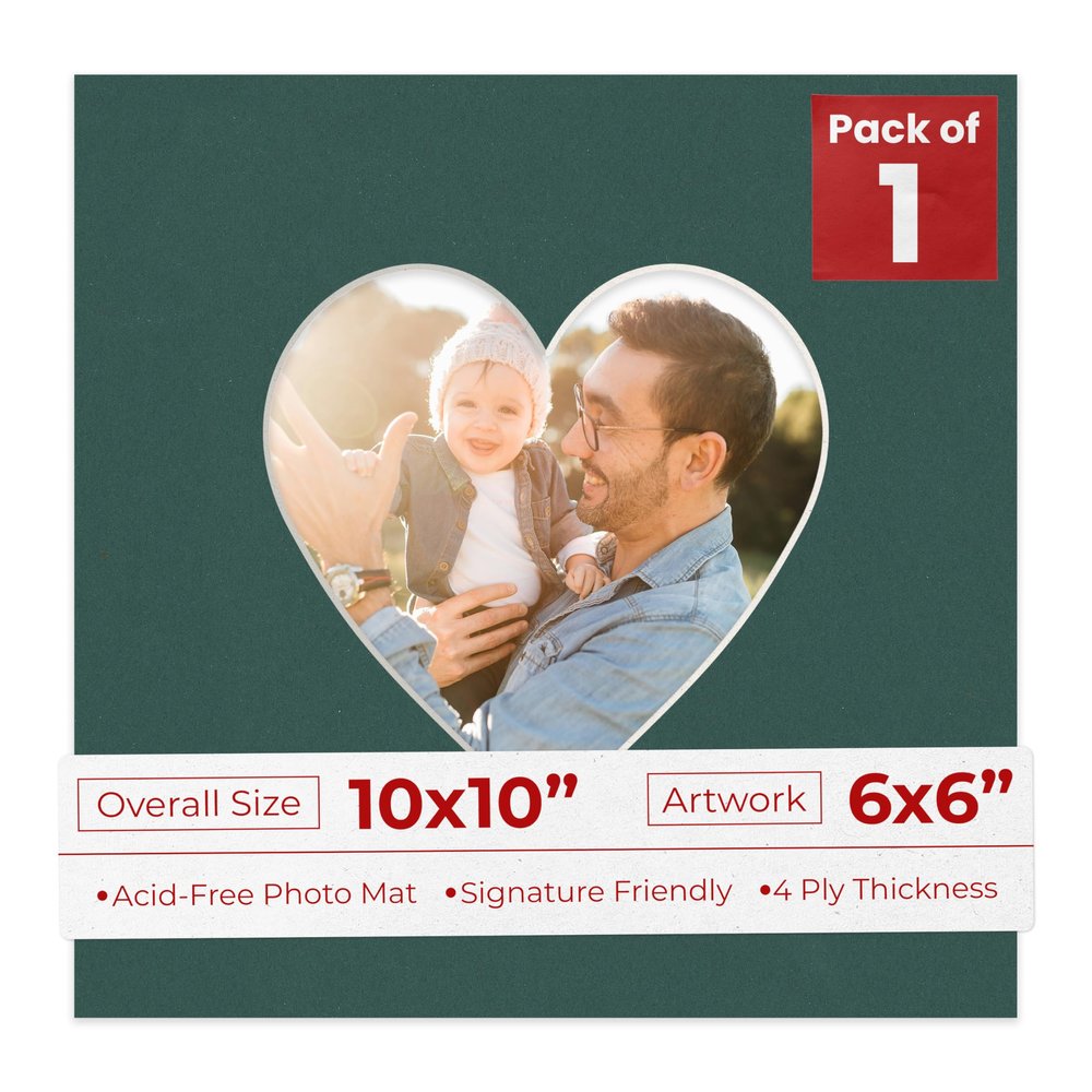 10x10 Mat Bevel Cut for 6x6 Photos - Precut Forest Green Heart Shaped Photo Mat Board Opening - Acid Free Matte to Protect Your Pictures - Bevel Cut for Family Photos, Pack of 1 Matboard