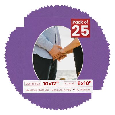 10x12 Mat Bevel Cut for 8x10 Photos - Precut Dark Purple Oval Shaped Photo Mat Board Opening - Acid Free Matte to Protect Your Pictures - Bevel Cut for Family Photos, Pack of 25 Matboards