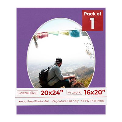 20x24 Mat Bevel Cut for 16x20 Photos - Precut Dark Purple Oval Shaped Photo Mat Board Opening - Acid Free Matte to Protect Your Pictures - Bevel Cut for Family Photos, Pack of 1 Matboard