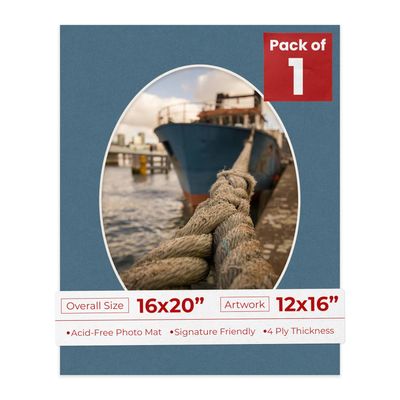 16x20 Mat Bevel Cut for 12x16 Photos - Precut Steel Blue Oval Shaped Photo Mat Board Opening - Acid Free Matte to Protect Your Pictures - Bevel Cut for Family Photos, Pack of 1 Matboard