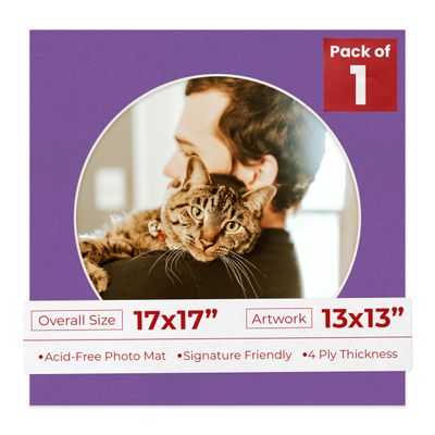 17x17 Mat Bevel Cut for 13x13 Photos - Precut Dark Purple Circle Shaped Photo Mat Board Opening - Acid Free Matte to Protect Your Pictures - Bevel Cut for Family Photos, Pack of 1 Matboard