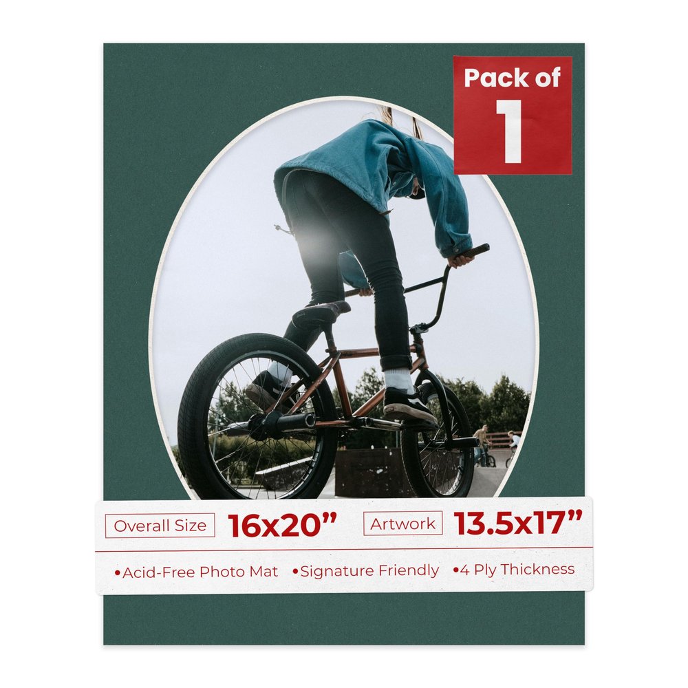 16x20 Mat Bevel Cut for 13.5x17 Photos - Precut Forest Green Oval Shaped Photo Mat Board Opening - Acid Free Matte to Protect Your Pictures - Bevel Cut for Family Photos, Pack of 1 Matboard