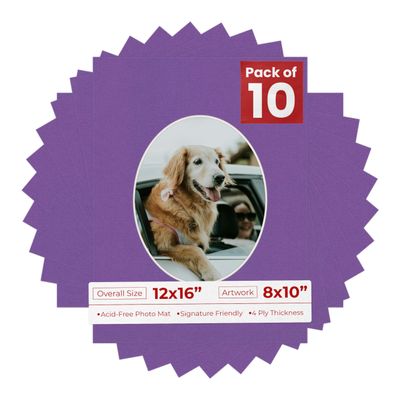12x16 Mat Bevel Cut for 8x10 Photos - Precut Dark Purple Oval Shaped Photo Mat Board Opening - Acid Free Matte to Protect Your Pictures - Bevel Cut for Family Photos, Pack of 10 Matboards