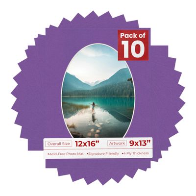 12x16 Mat Bevel Cut for 9x13 Photos - Precut Dark Purple Oval Shaped Photo Mat Board Opening - Acid Free Matte to Protect Your Pictures - Bevel Cut for Family Photos, Pack of 10 Matboards