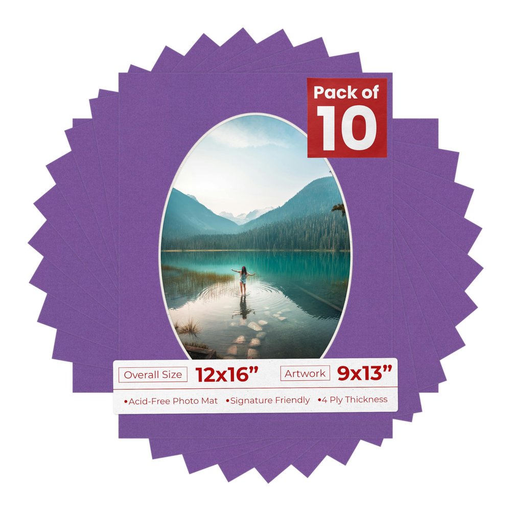 12x16 Mat Bevel Cut for 9x13 Photos - Precut Dark Purple Oval Shaped Photo Mat Board Opening - Acid Free Matte to Protect Your Pictures - Bevel Cut for Family Photos, Pack of 10 Matboards