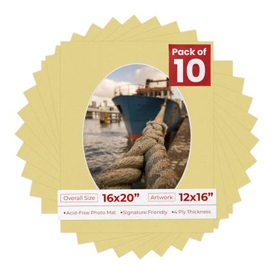 16x20 Mat Bevel Cut for 12x16 Photos - Precut Soft Yellow Oval Shaped Photo Mat Board Opening - Acid Free Matte to Protect Your Pictures - Bevel Cut for Family Photos, Pack of 10 Matboards