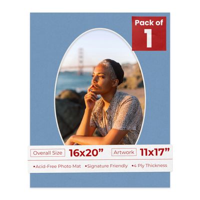 16x20 Mat Bevel Cut for 11x17 Photos - Precut Brittany Blue Oval Shaped Photo Mat Board Opening - Acid Free Matte to Protect Your Pictures - Bevel Cut for Family Photos, Pack of 1 Matboard