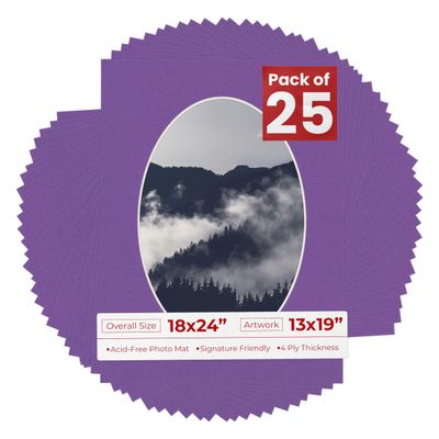 18x24 Mat Bevel Cut for 13x19 Photos - Precut Dark Purple Oval Shaped Photo Mat Board Opening - Acid Free Matte to Protect Your Pictures - Bevel Cut for Family Photos, Pack of 25 Matboards