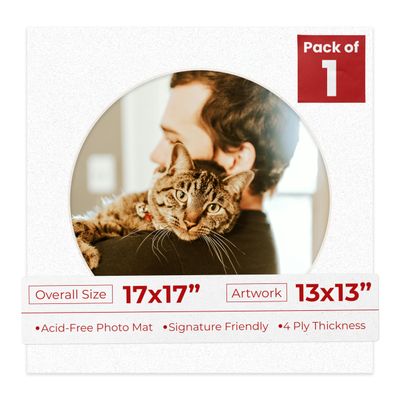 17x17 Mat Bevel Cut for 13x13 Photos - Precut Oyster Shell White Circle Shaped Photo Mat Board Opening - Acid Free Matte to Protect Your Pictures - Bevel Cut for Family Photos, Pack of 1 Matboard