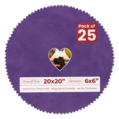 20x20 Mat Bevel Cut for 6x6 Photos - Precut Purple Crocus Suede Heart Shaped Photo Mat Board Opening - Acid Free Matte to Protect Your Pictures - Bevel Cut for Family Photos, Pack of 25 Matboards